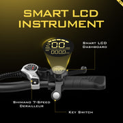 Smart LCD instrument with Shimano 7-speed derailleurs and key switch on a black background