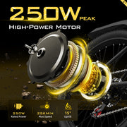 High-power motor with 250W peak rating on a dark background